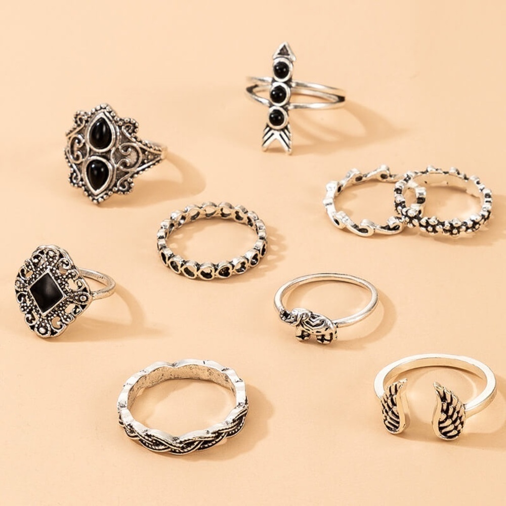 *EMBERLY* 9-Pc Silver x Black Fashion Geometric Ring Set